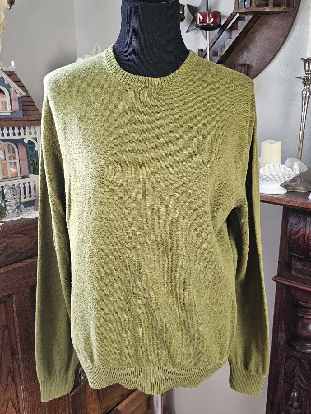 JCP Crewneck Sweater Medium Olive Green 100% Cotton Classic Lightweight Knit
